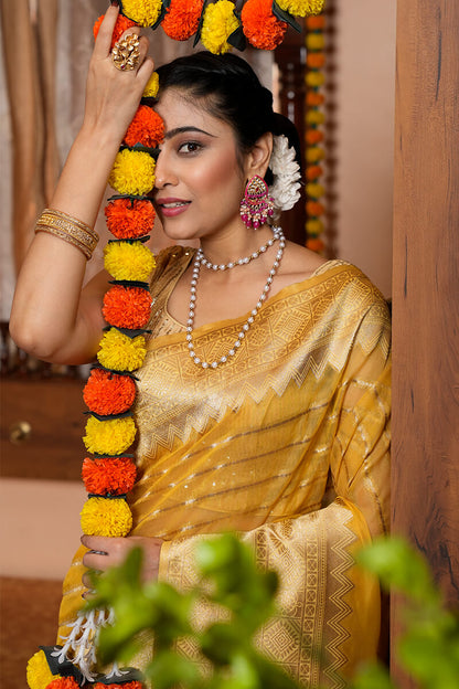 Jaya Yellow Organza Silk Saree With Attached Blouse