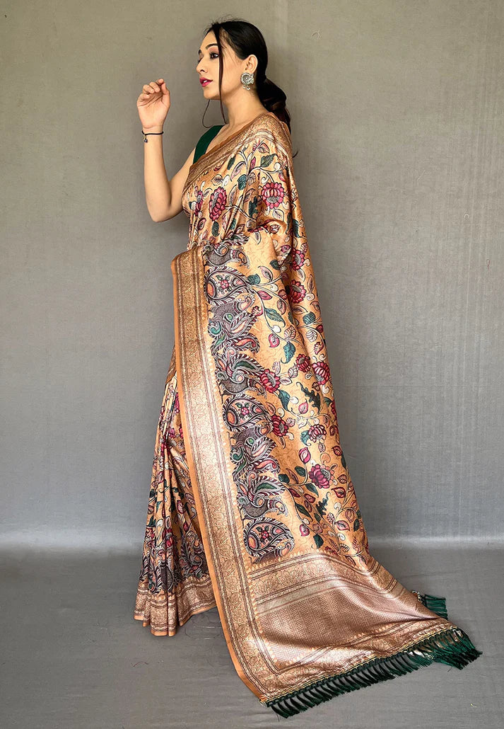 1 MIN Ready To Wear Camel Brown Diva Soft Silk Kalamkari Printed Saree