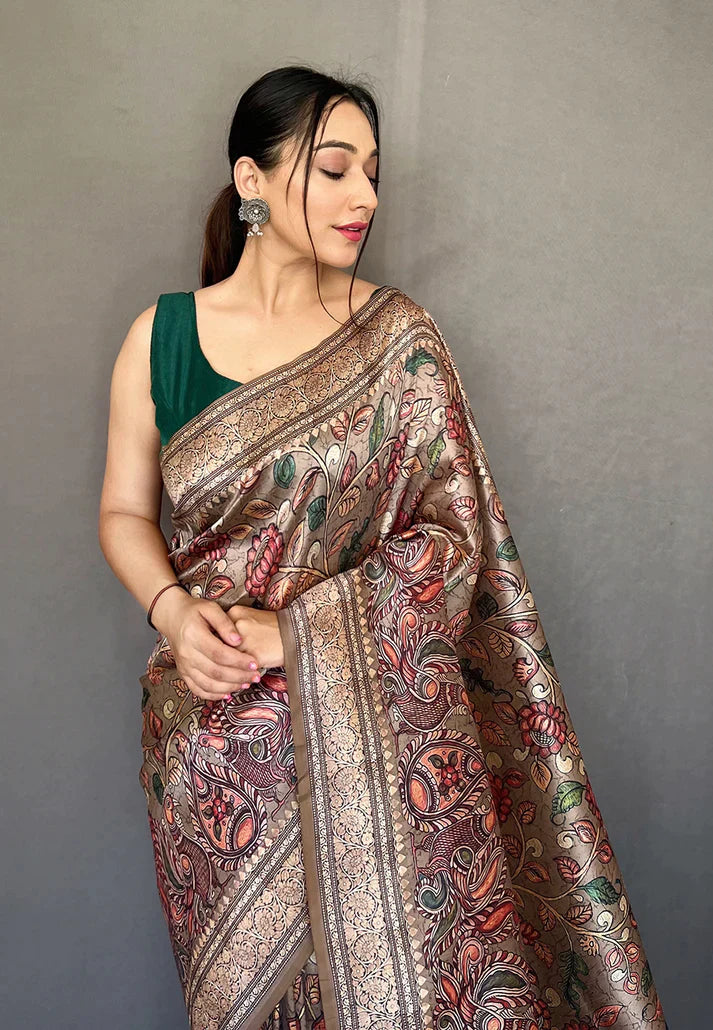 1 MIN Ready To Wear Ash Grey Diva Soft Silk Kalamkari Printed Saree