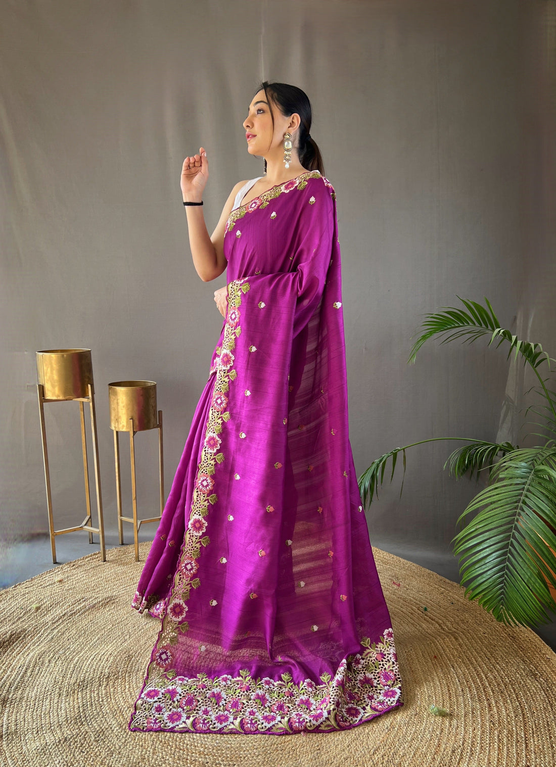 One Minute Ready to Wear Purple Narmada Tussar Silk Embroidered Saree