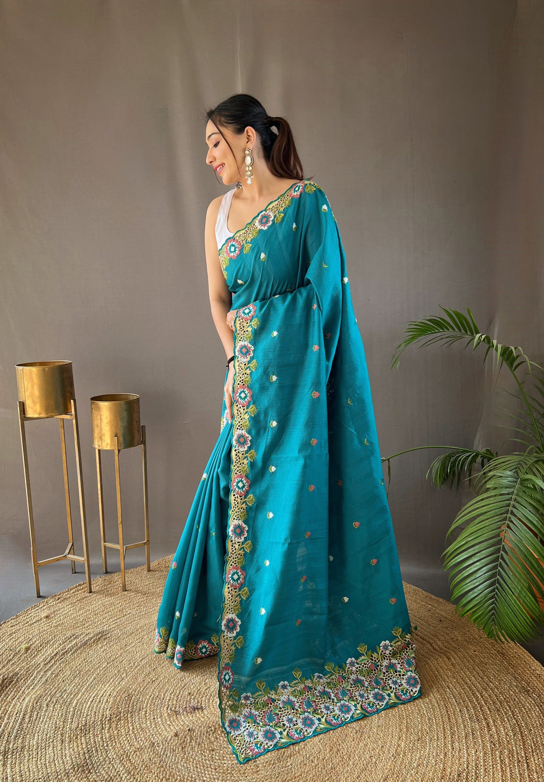 One Minute Ready to Wear Sky Blue Narmada Tussar Silk Embroidered Saree