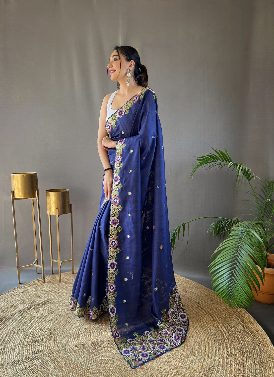One Minute Ready to Wear Navy Narmada Tussar Silk Embroidered Saree