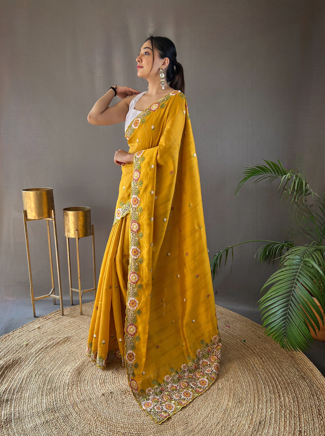 One Minute Ready to Wear Yellow Narmada Tussar Silk Embroidered Saree
