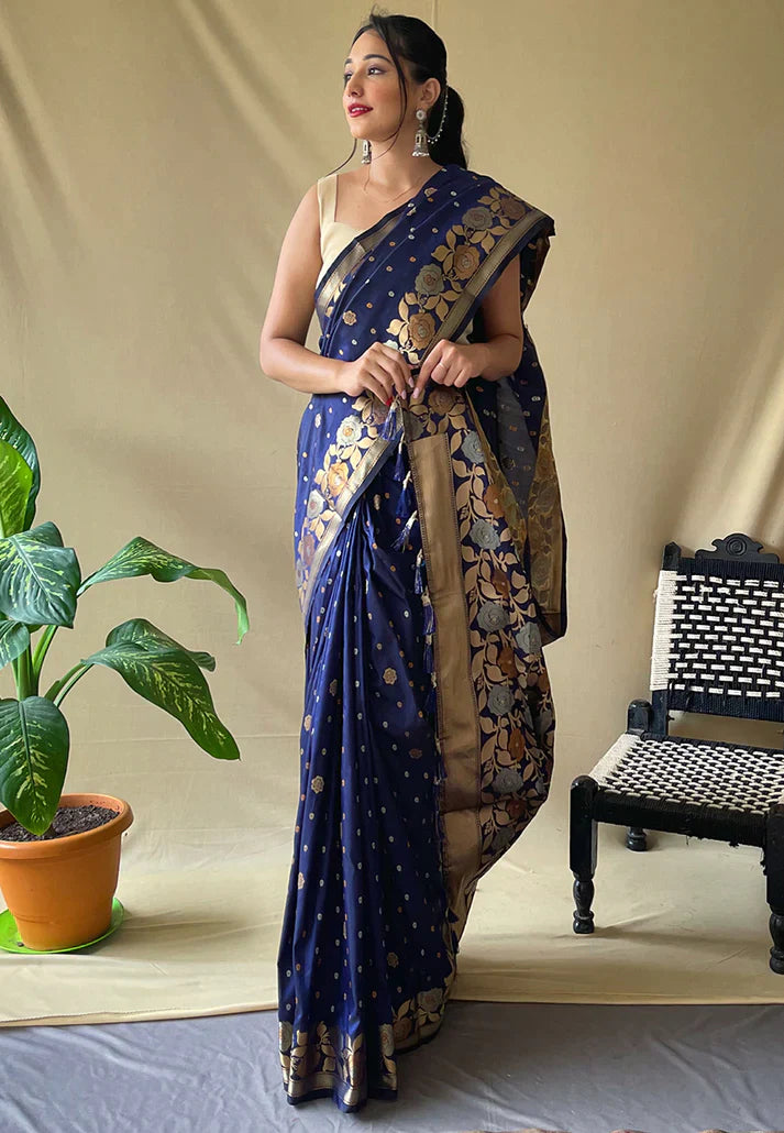 1 MIN Ready To Wear Navy Blue Suhani Banarasi Silk Zari Woven Saree