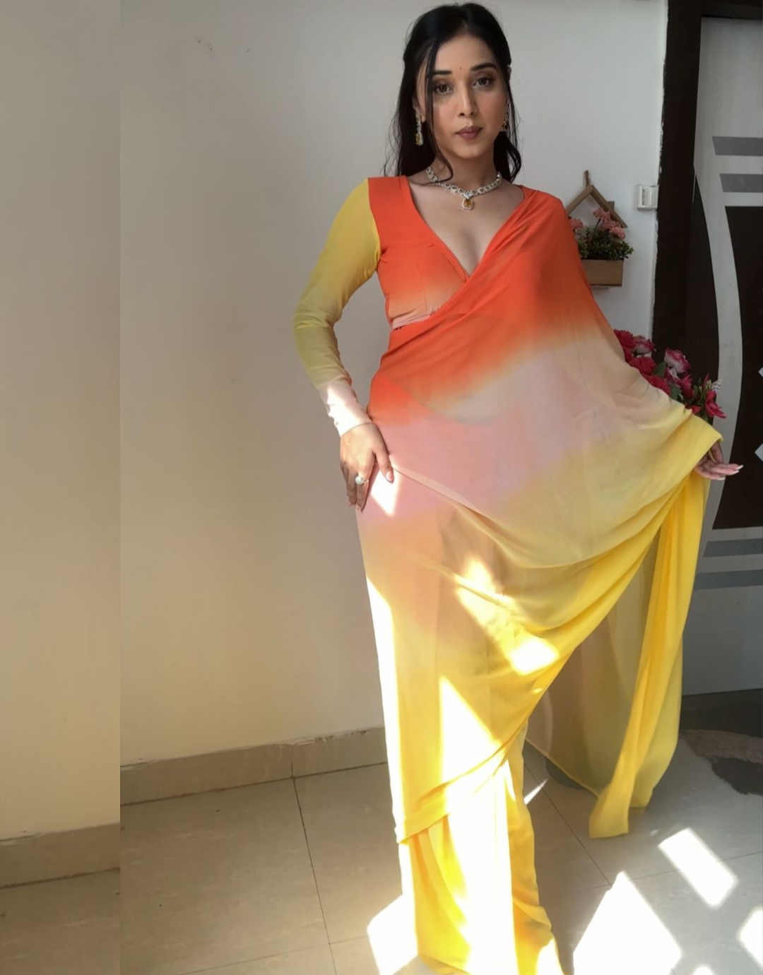 Kamini Yellow-Orange Ready To Wear Soft Silk Saree