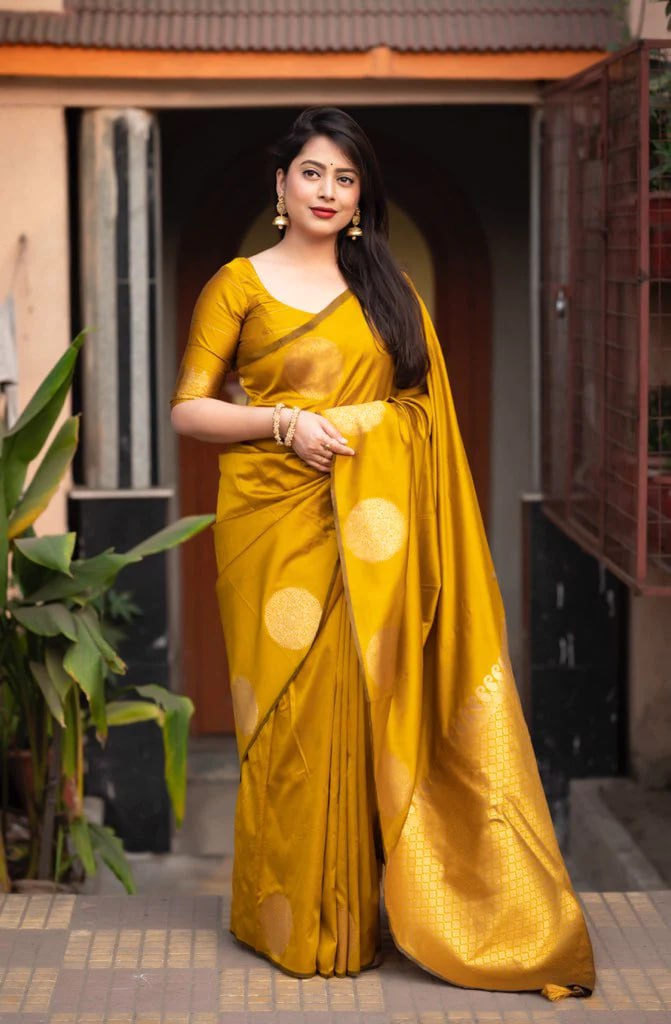 Ahiraa Yellow-Golden  Butta  Soft Silk Sari