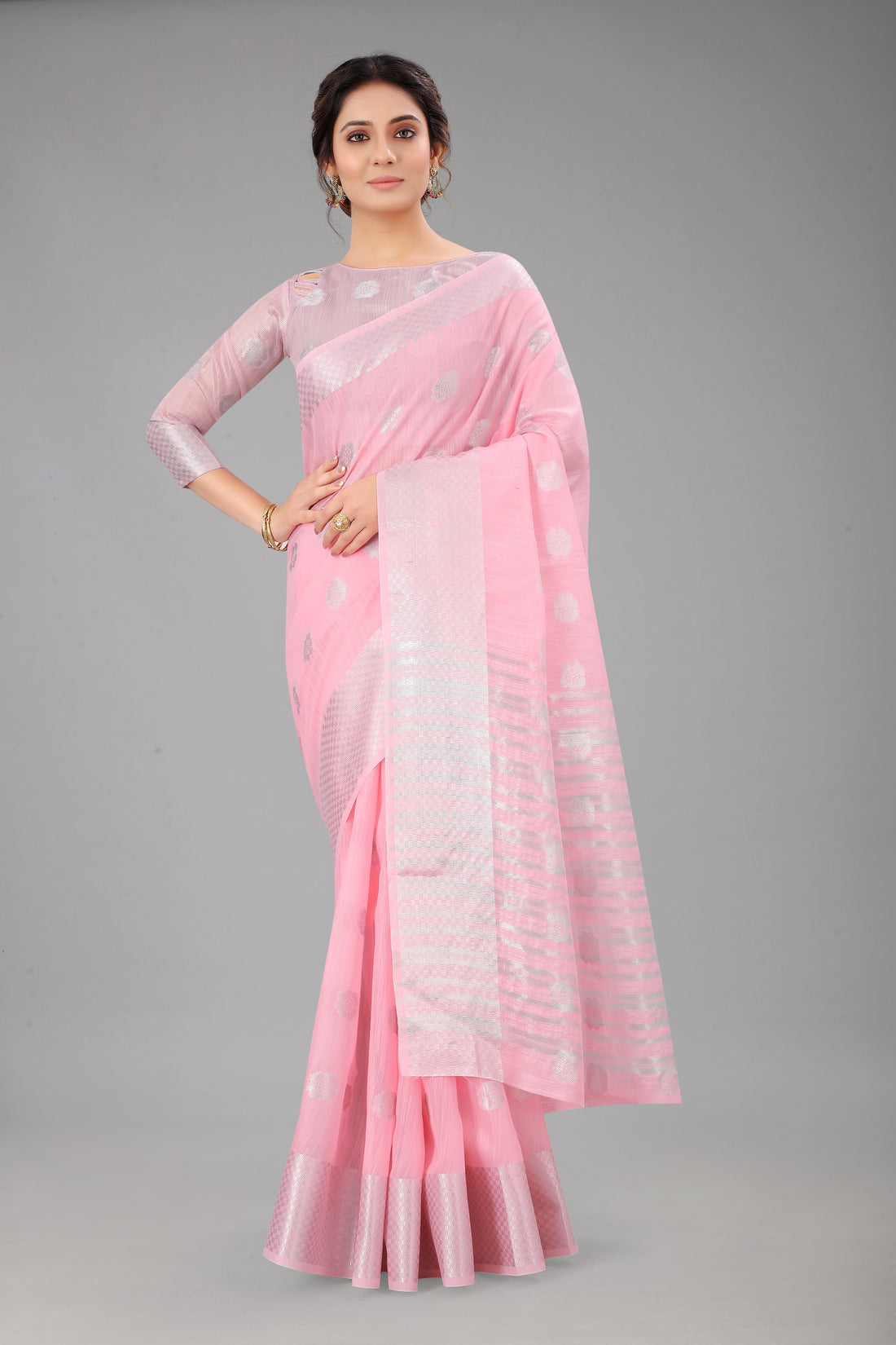 PeonyPink-Colored Cotton Silk Saree Set Complete with Matching Blouse