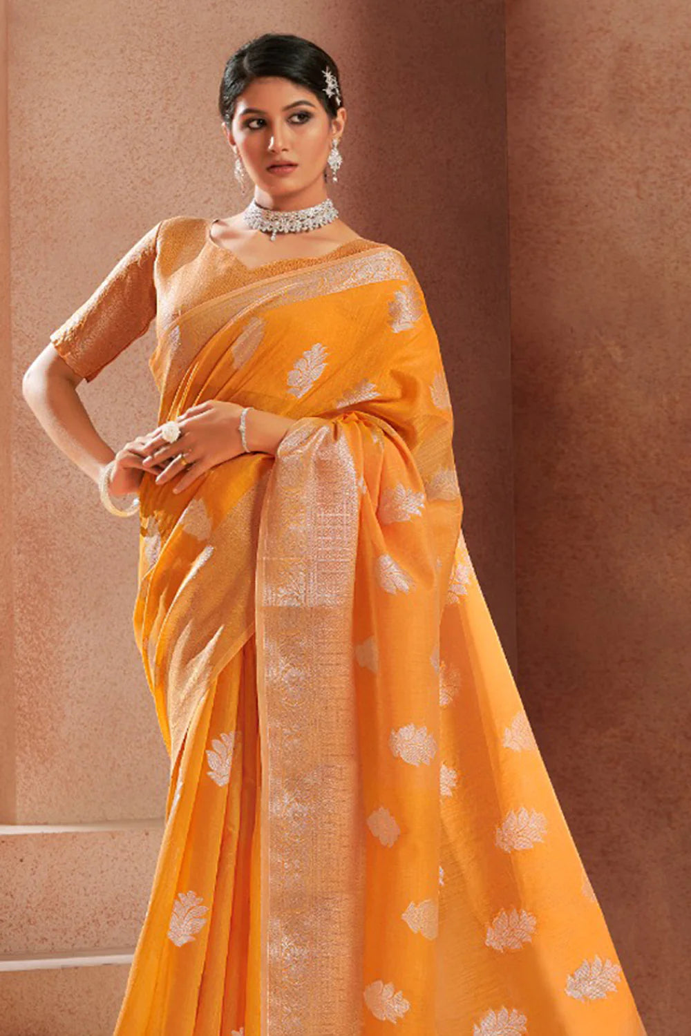 Orange Heer Linen Silk Saree