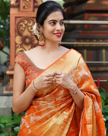 Soniya Orange Kanchipuram Saree With Attractive Blouse