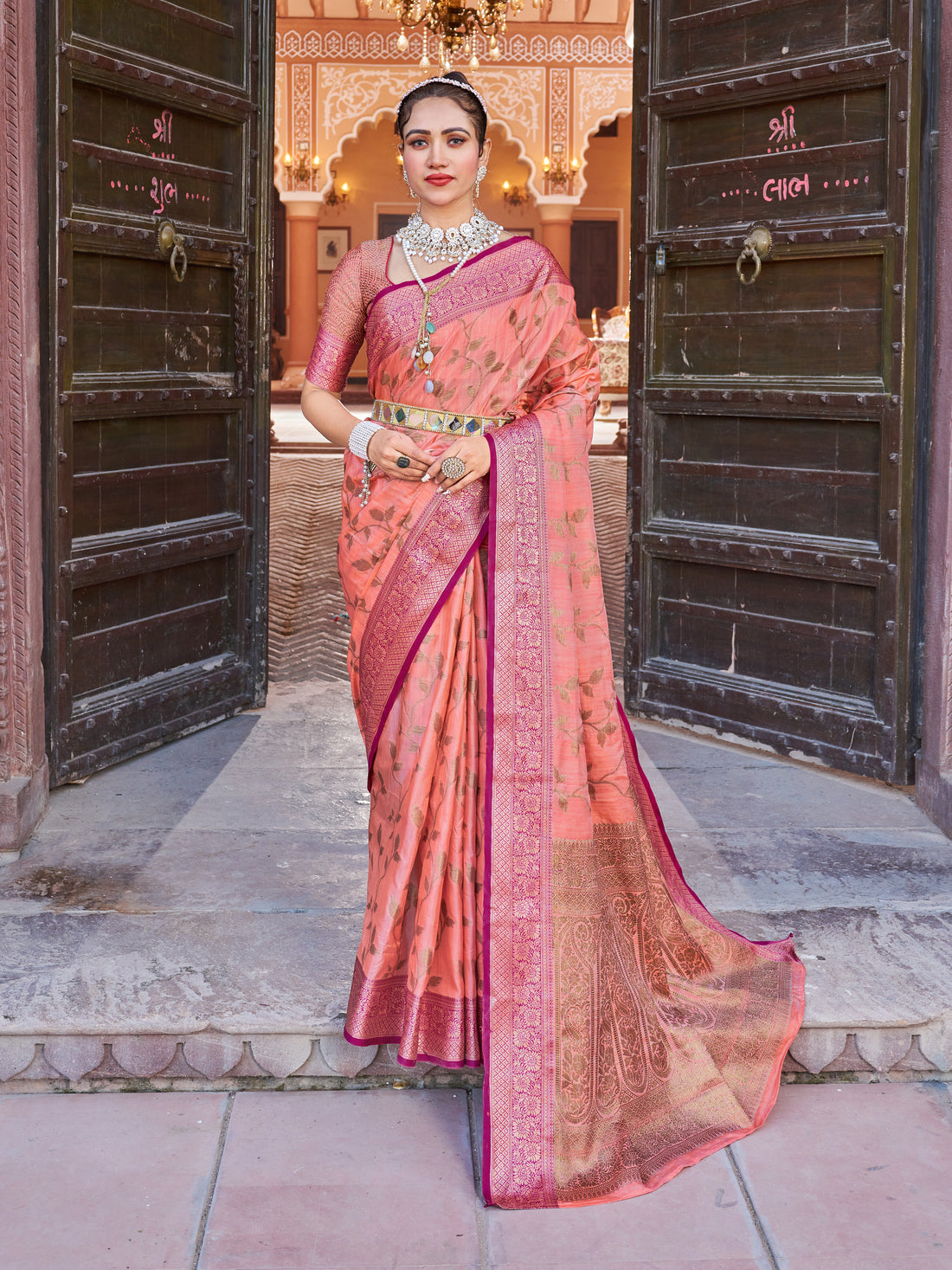 Peach Soha Banarasi Silk Saree