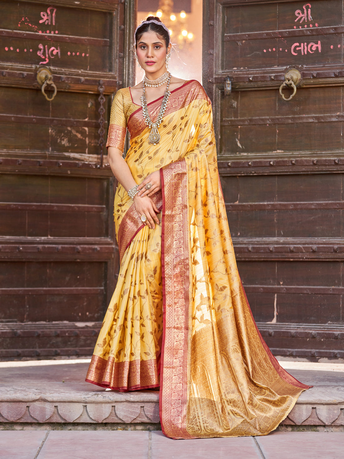 Yellow Soha Banarasi Silk Saree