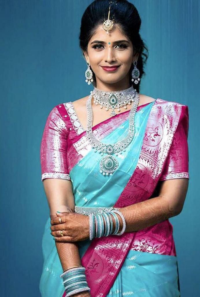 Swastika Blue-Pink Soft Silk Saree With Attached Blouse