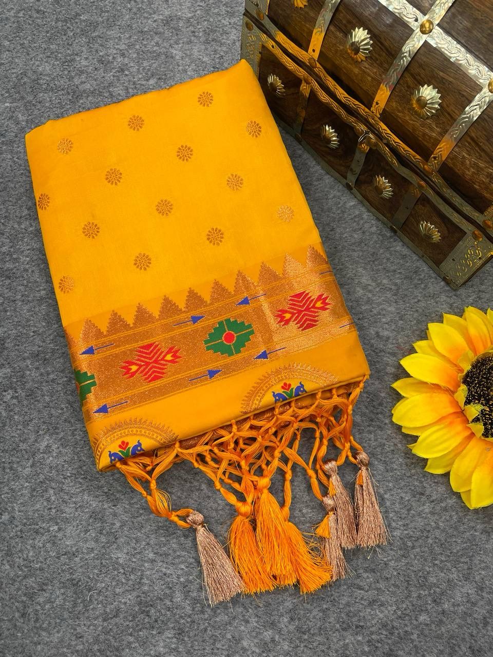 Aaru Yellow Banarasi Satin Silk Saree