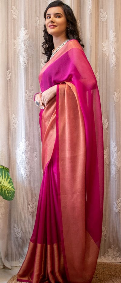 1 MIN Ready To Wear Pink Chiffon with Premium Zari Patta Saree