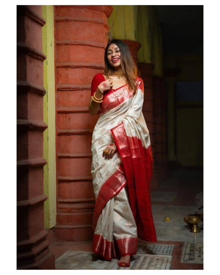 Outstanding White Red Soft Banarasi Silk Saree With Angelic Blouse Piece