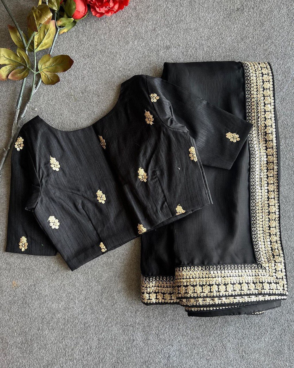 Breathtaking  Black Embroidery Work Soft Silk Saree With Demanding Stiched-Blouse Piece