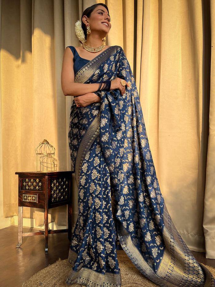 Jamsa Blue Banarasi Silk Saree With Attractive Blouse Piece