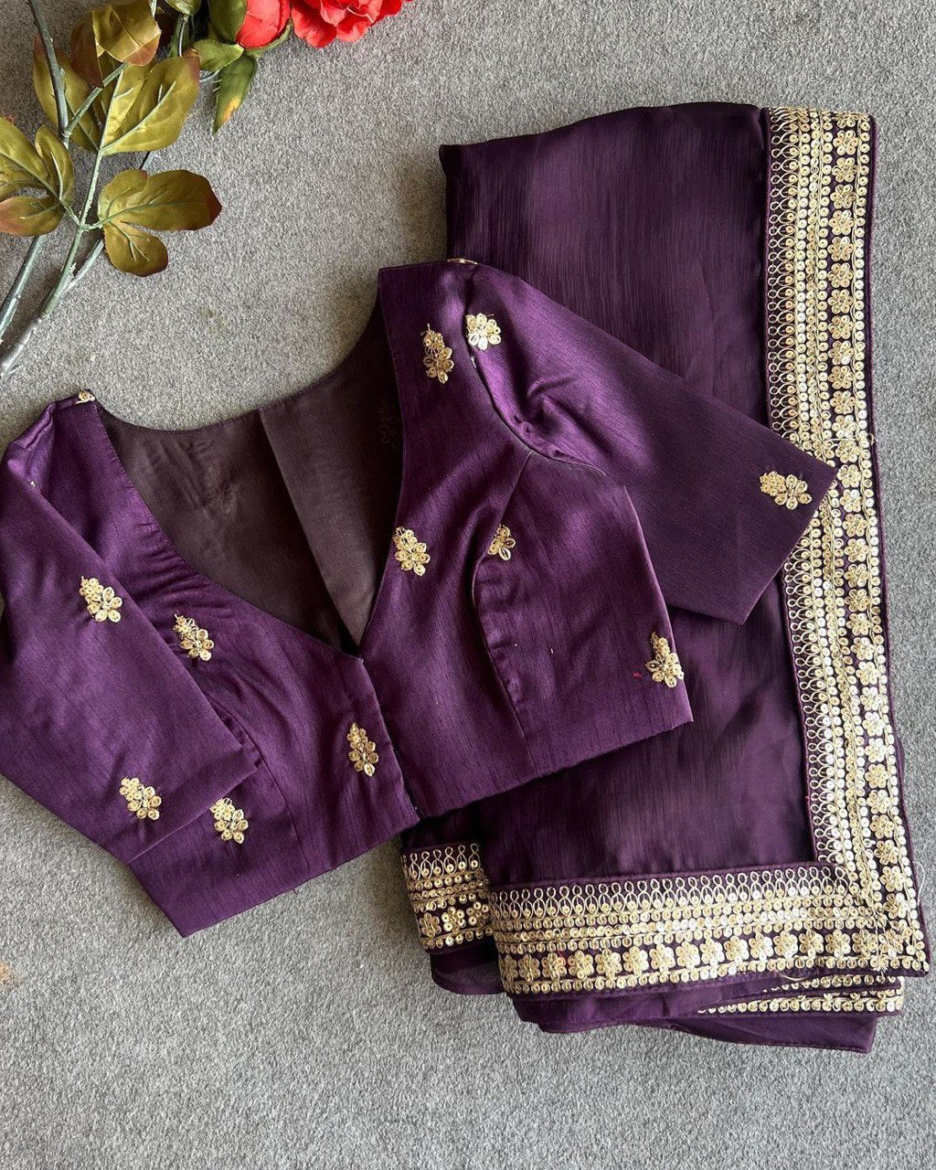 Breathtaking PURPLE Embroidery Work Soft Silk Saree With Demanding Stiched-Blouse Piece