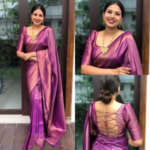 Free full draping )Cream and golden silk saree with purple hand worke –  Threads