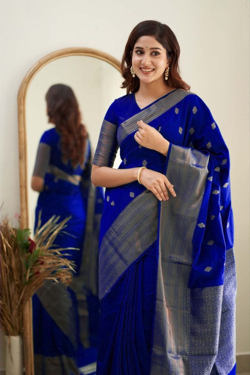 Royal Blue Silk Blend Zari Weawing Design And RIch Zari Weawing Pallu Saree  With Blouse For Women - Koram's Design - 4278551