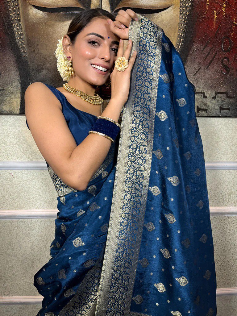 Moisey Teal Blue Banarasi Silk Saree With Amazing Blouse Piece