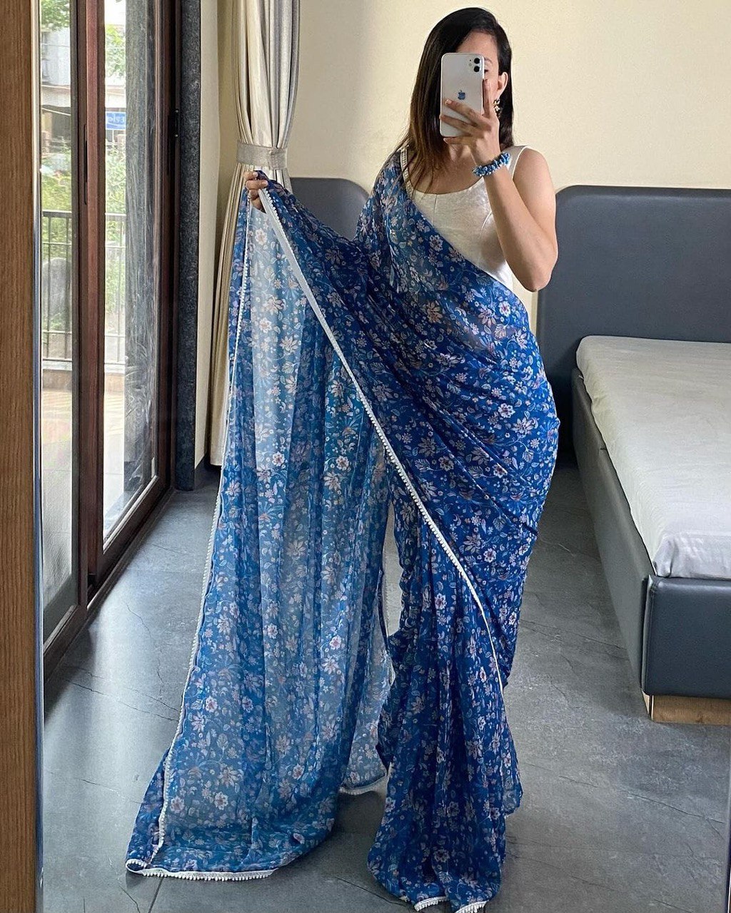 1 Minute Ready to Wear Blue Floral Saree