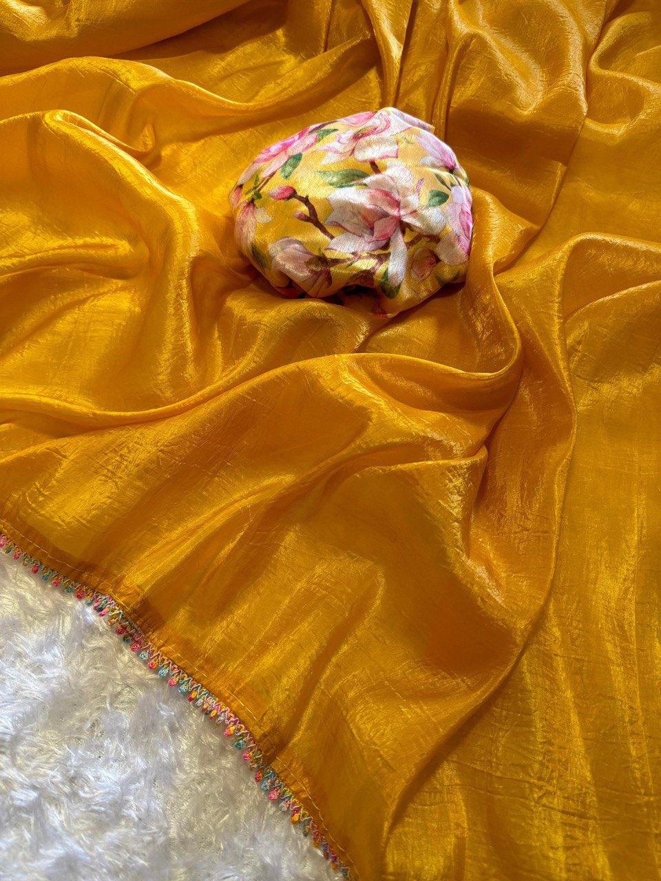 Extravaganza Yellow Chinon Fabric Saree Rainbow🌈 Designer Lace With Blouse (Copy)