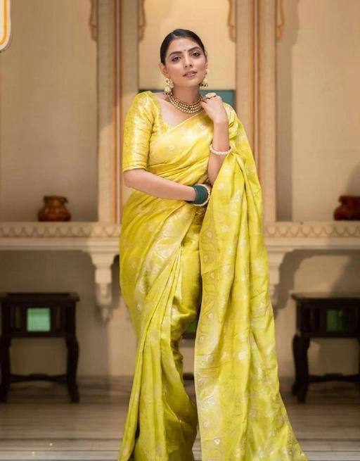 Hema Yellow Banarasi Silk Saree WIth Fabulouse Blouse Piece