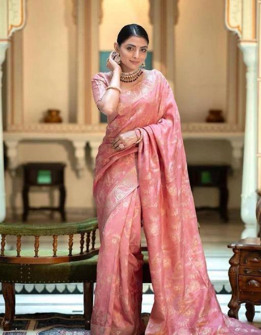 Hema Peach Banarasi Silk Saree WIth Fabulouse Blouse Piece