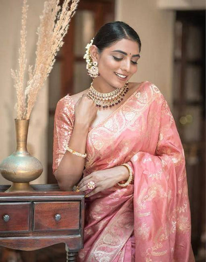 Hema Peach Banarasi Silk Saree WIth Fabulouse Blouse Piece
