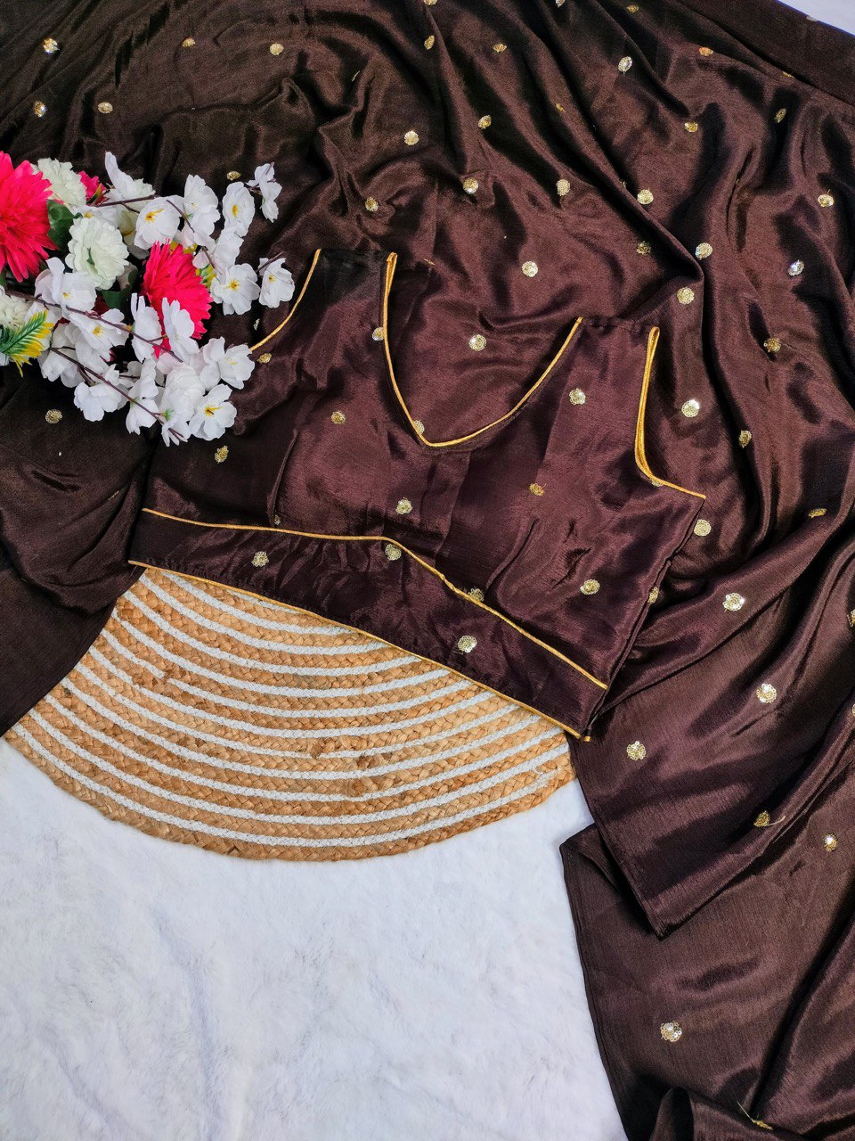 Designer Coffee Chinon Sarees with All Over Sequence Work With Blooming Blouse Piece