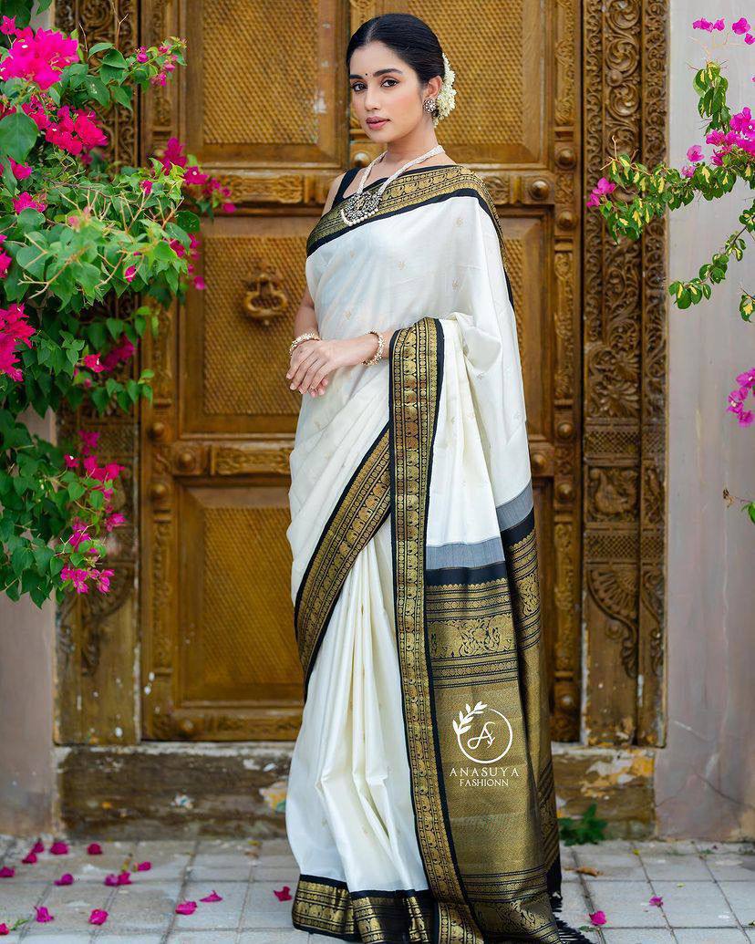 White Goldi 2 Pure Soft Silk Sari With Attached Blouse