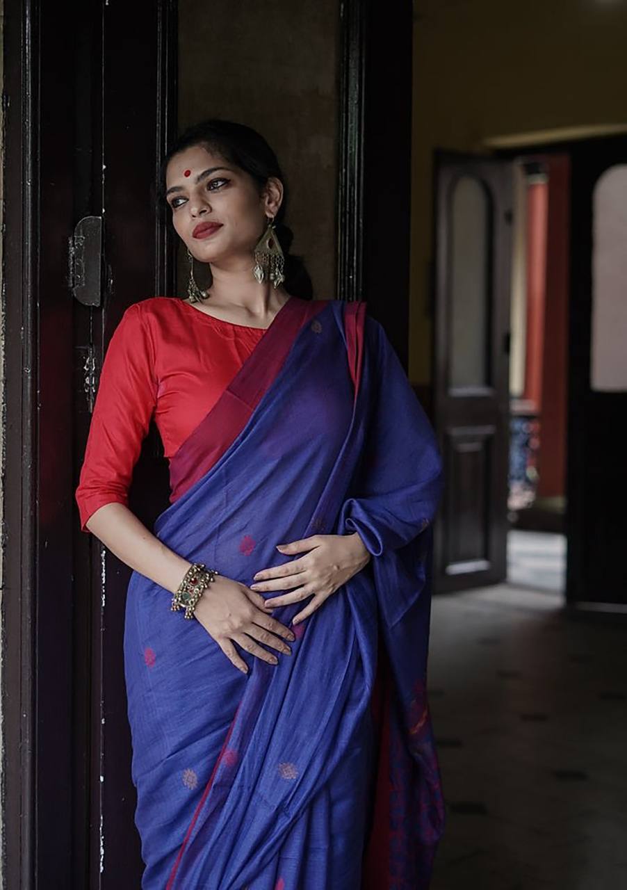 Vindhya Blue red Border Soft Linen Slub Saree With AttractiveBlouse