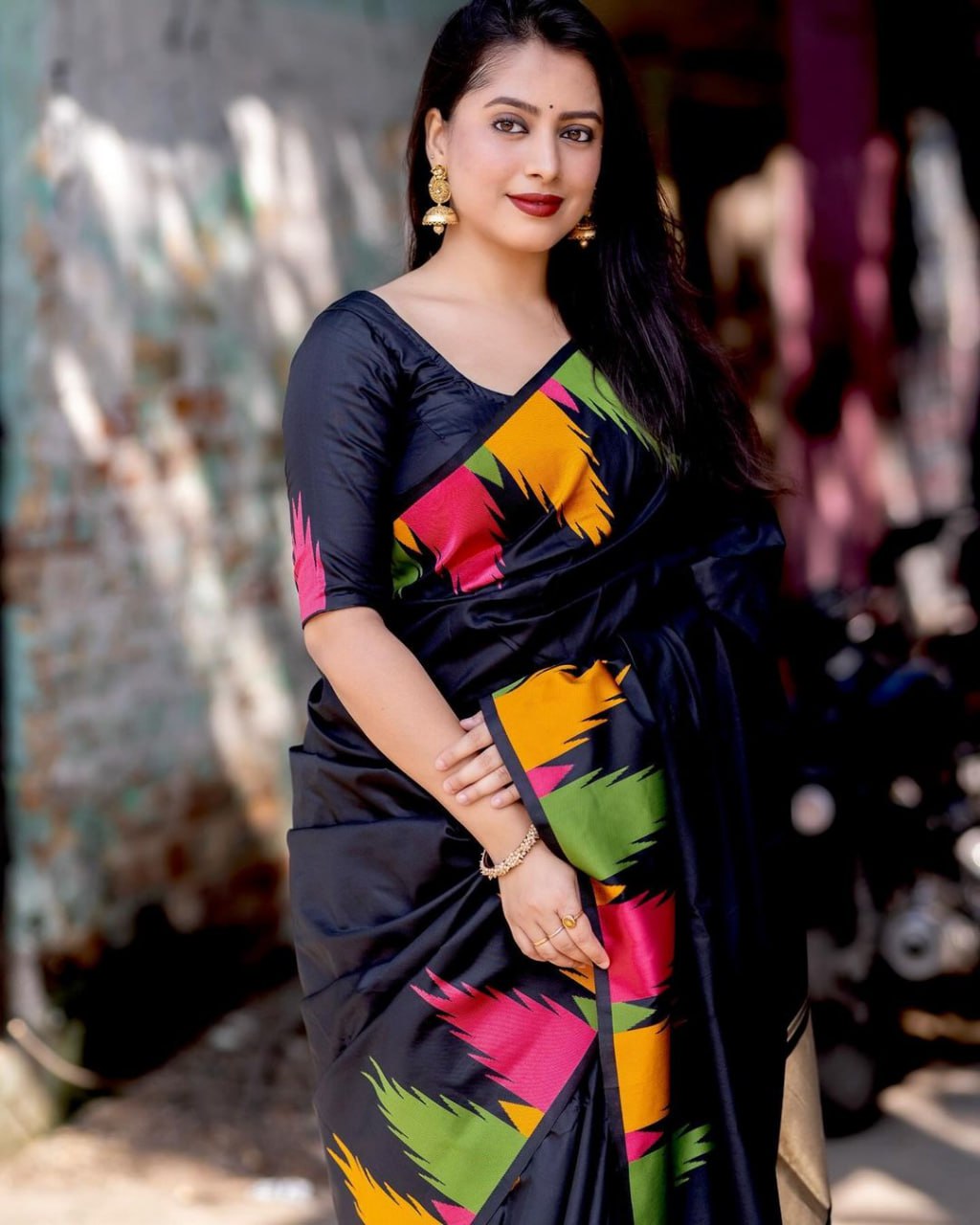 Minjyauu Black Soft Silk Saree With Attached Blouse