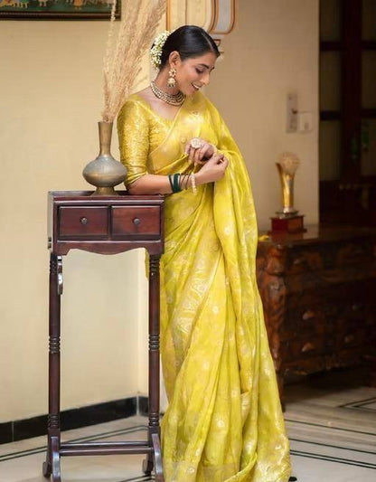 Hema Yellow Banarasi Silk Saree WIth Fabulouse Blouse Piece