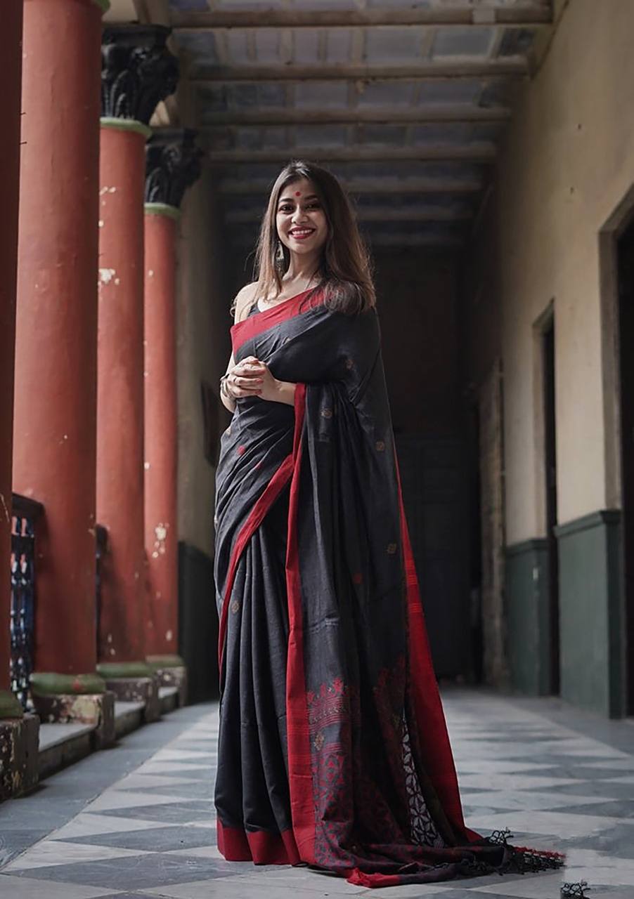 Vindhya BlackRed Border Soft Linen Slub Saree With AttractiveBlouse