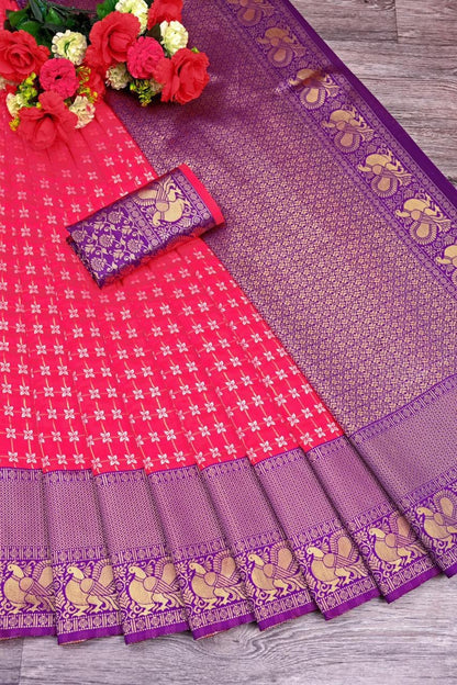 Satggerous Pink Kanchipuram with butti design Silk Saree.