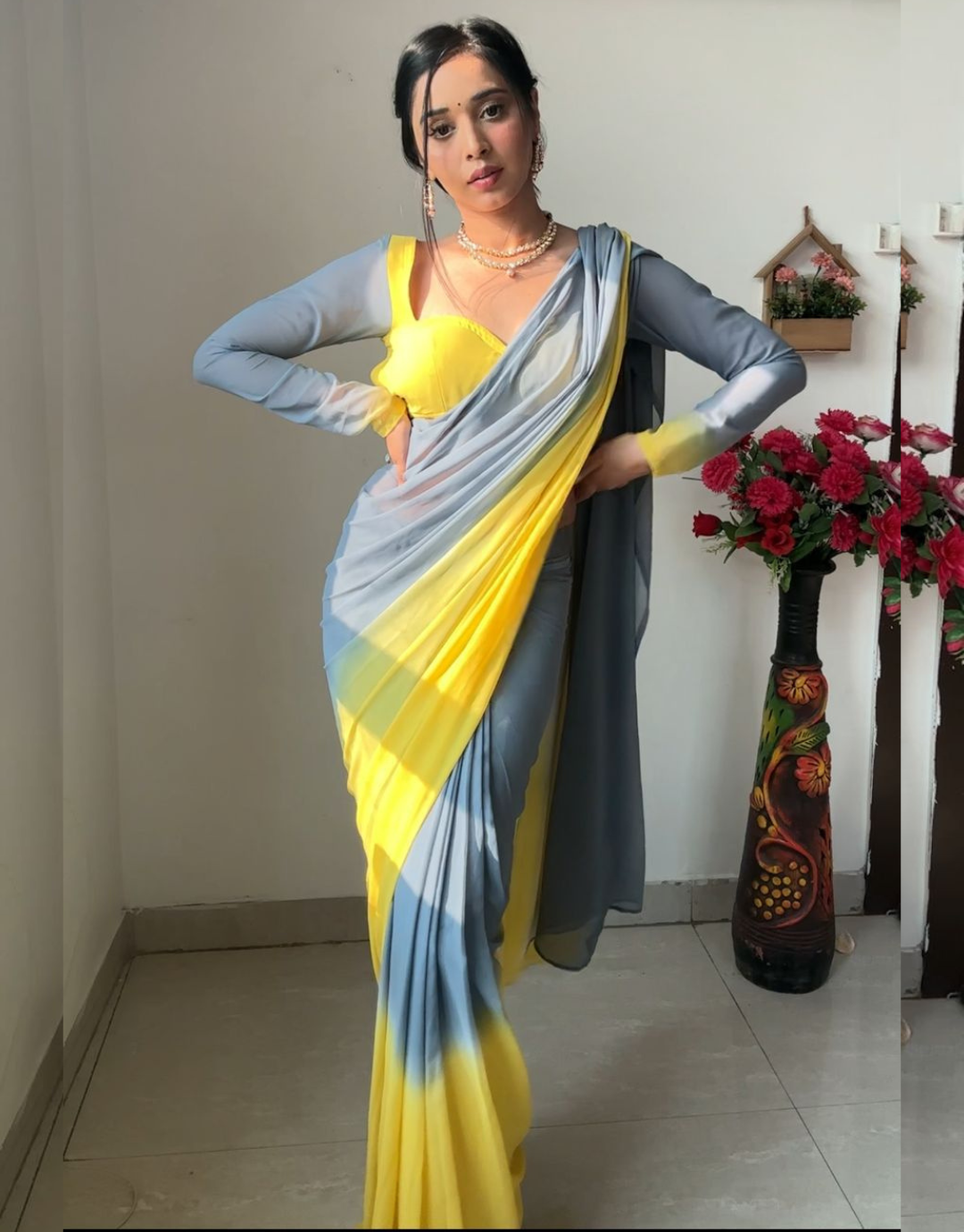 Tara Yellow-Grey Ready To Wear Soft Silk Saree