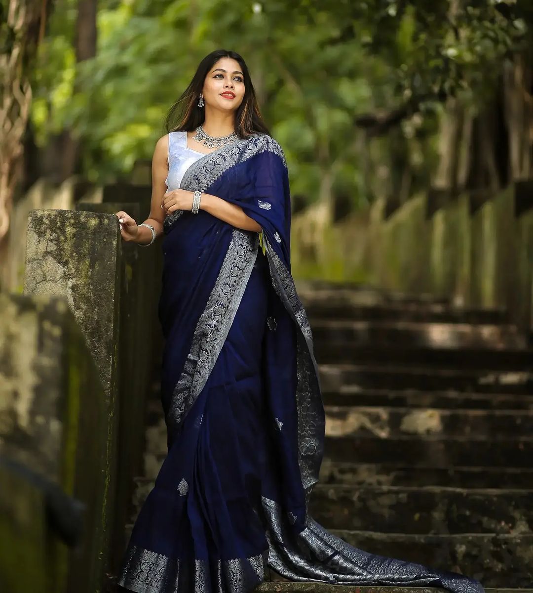 Riddhi Navy Blue Soft Banarasi Silk Saree With Abyys Blouse Piece