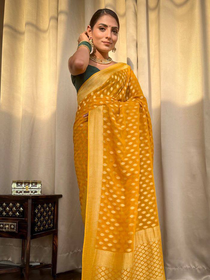 Elegant Kaya Banarasi Silk Saree in Yellow Color with Exquisite Blouse Piece
