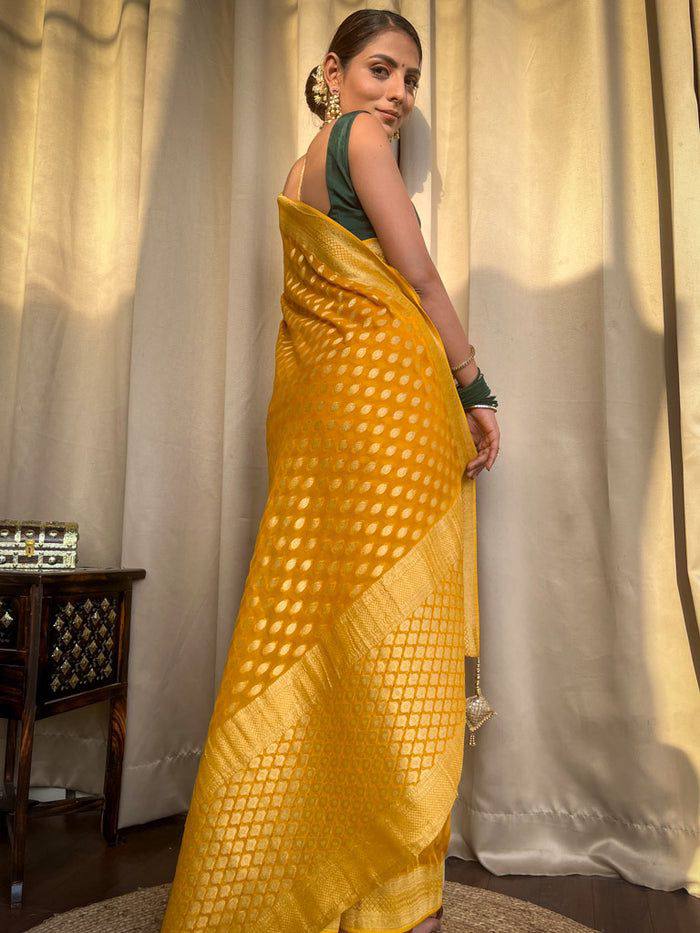 Elegant Kaya Banarasi Silk Saree in Yellow Color with Exquisite Blouse Piece