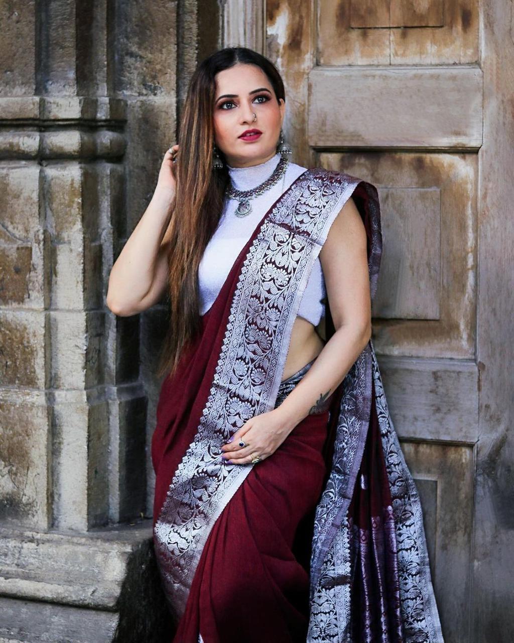 Riddhi Maroon Soft Banarasi Silk Saree With Abyys Blouse Piece