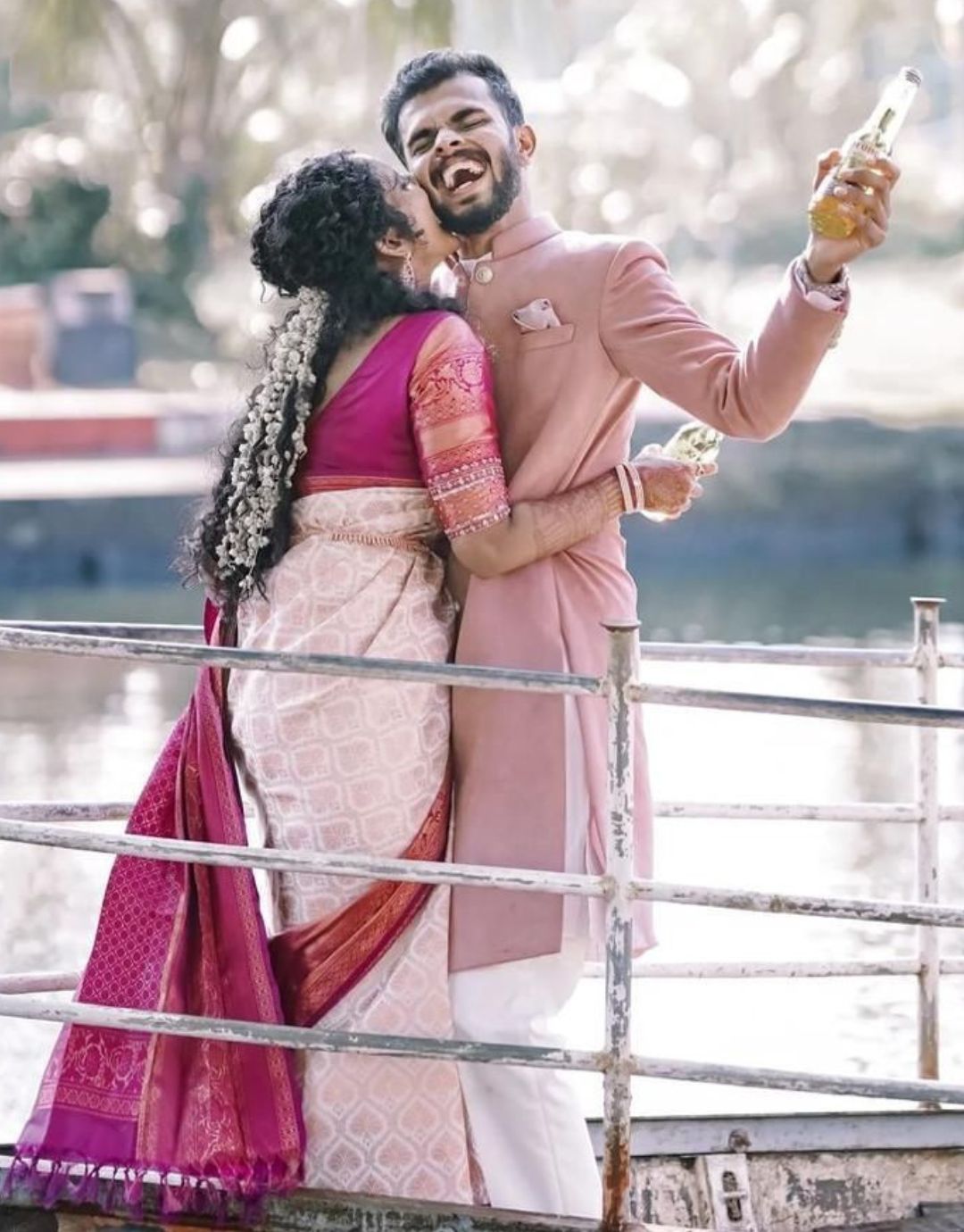 Photo of Fuchsia Pink Saree with Cream Dupatta | South indian wedding saree,  Indian wedding bride, South indian bride