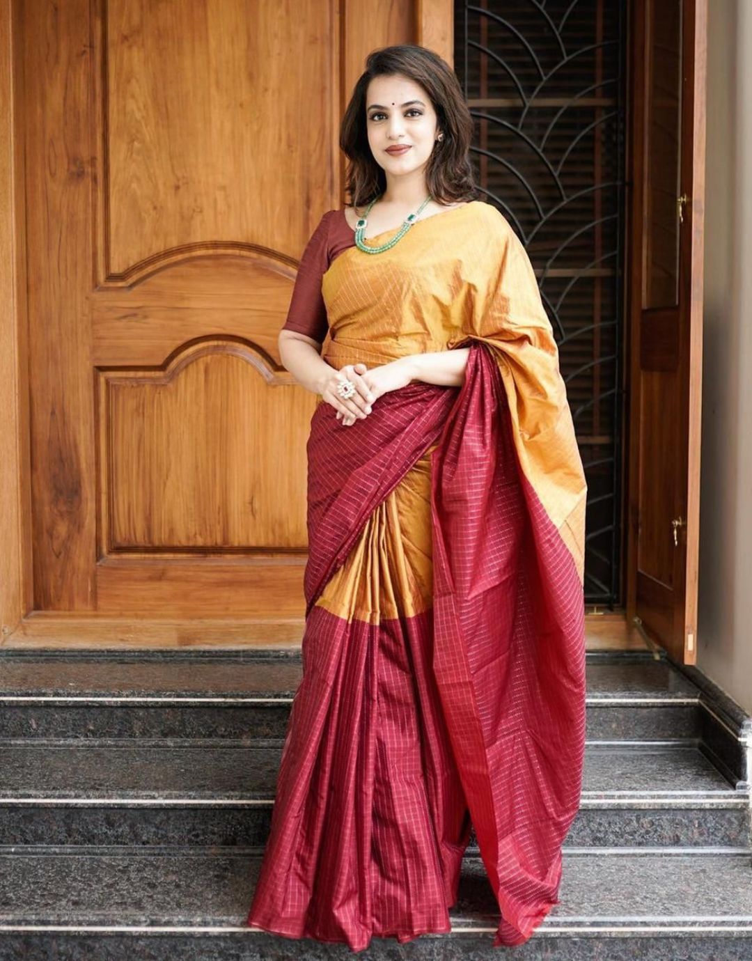 Turmeric Yellow & Red Soft Lichi Silk Saree With Rich Pallu & Jacquard Work  - Adoldia