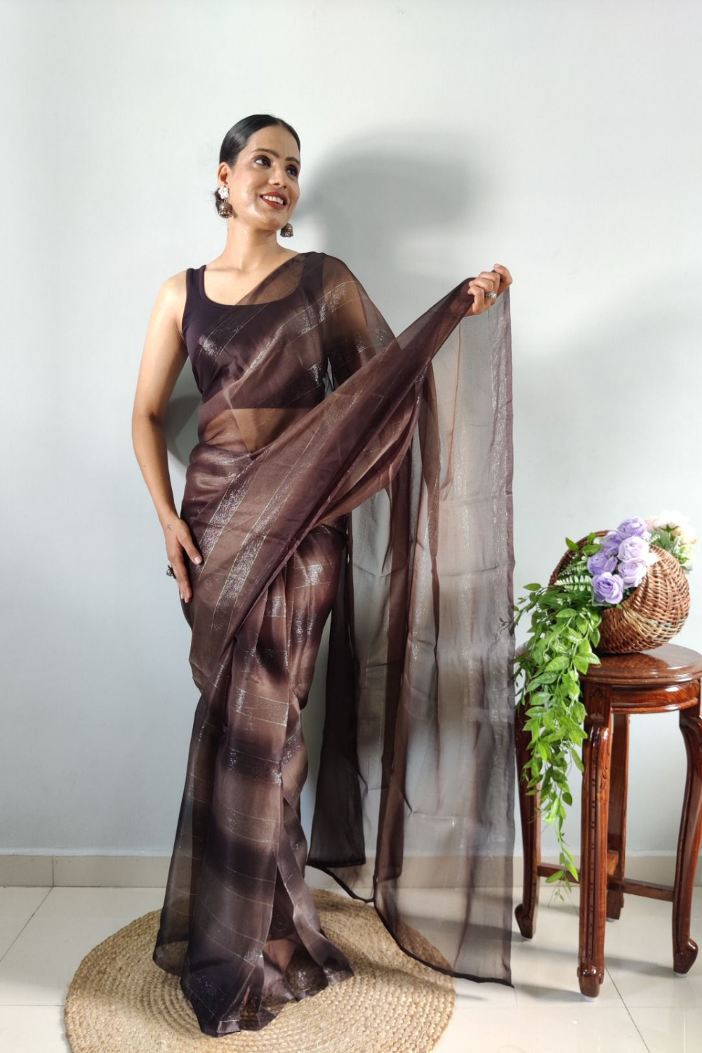 Mirror,embroidered Chinon chiffon Saree in Coffee - SR23281