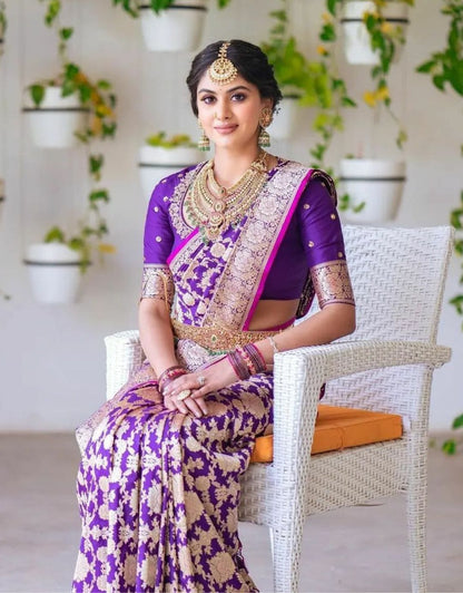 NARI PURPLE TRADITIONAL KANCHI SOFT SILK SARI WITH ATTACHED BLOUSE