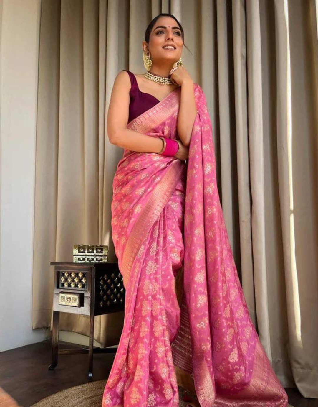 Pink Copper Zari Weaving Work Banarasi Saree