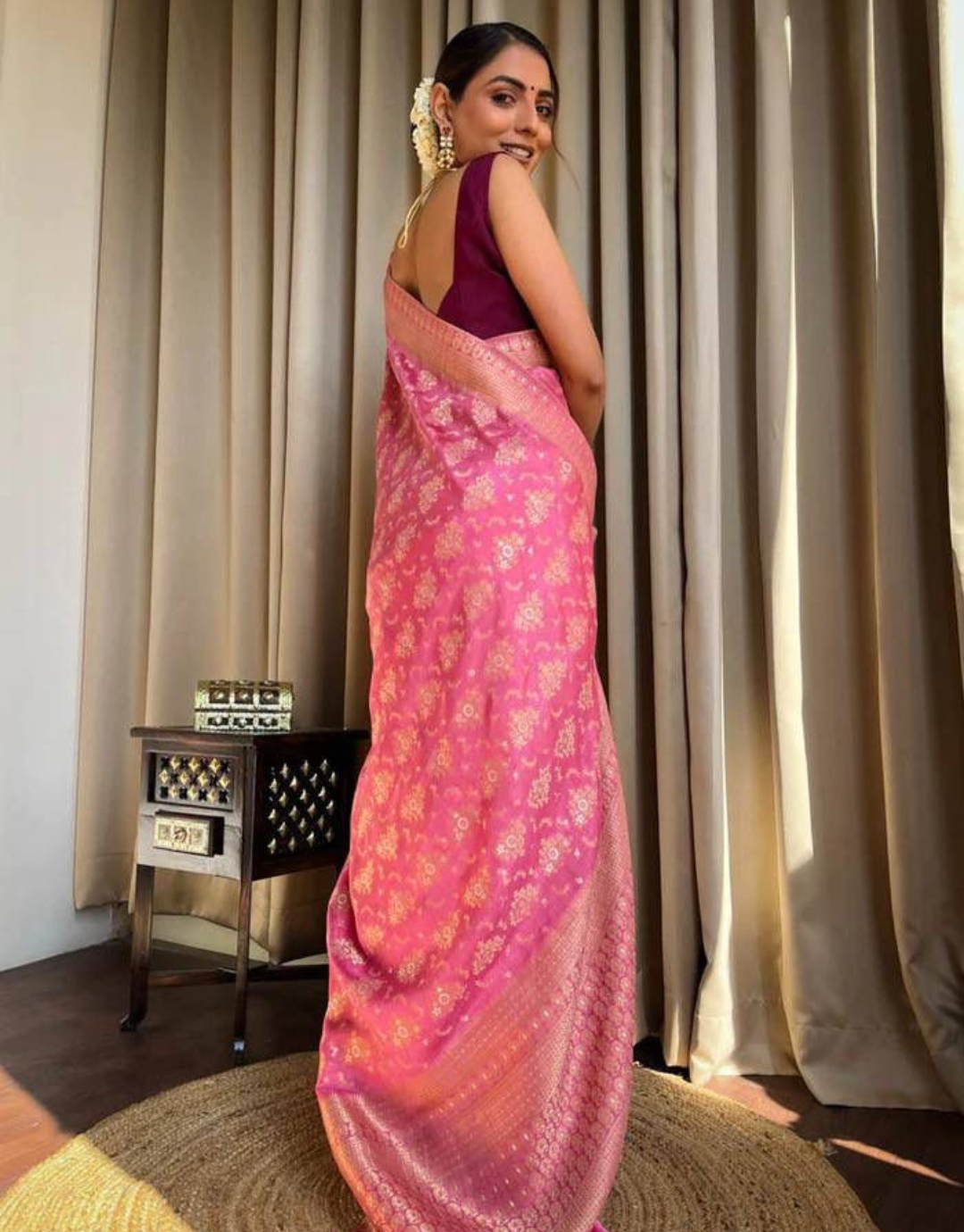 Pooja Tulip Pink Banarasi saree