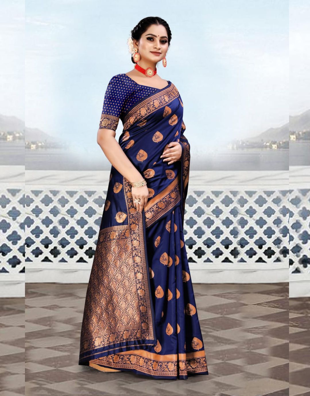ADA BLUE TRADITIONAL KANCHI SOFT SILK SARI WITH ATTACHED BLOUSE