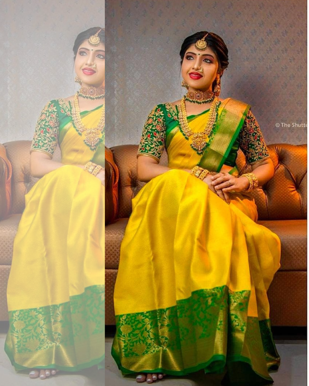 YELLOW GREEN VEL TRADITIONAL KANCHI SOFT SILK SARI WITH ATTACHED BLOUSE